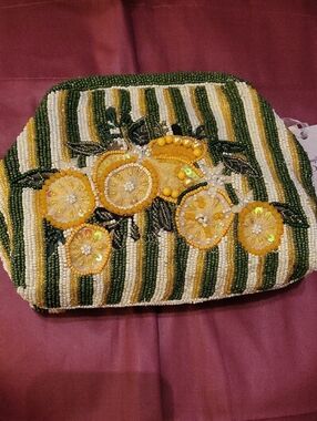 Handcrafted In India Beaded Lemon Clutch in Yellow, Green & White Rt Eh